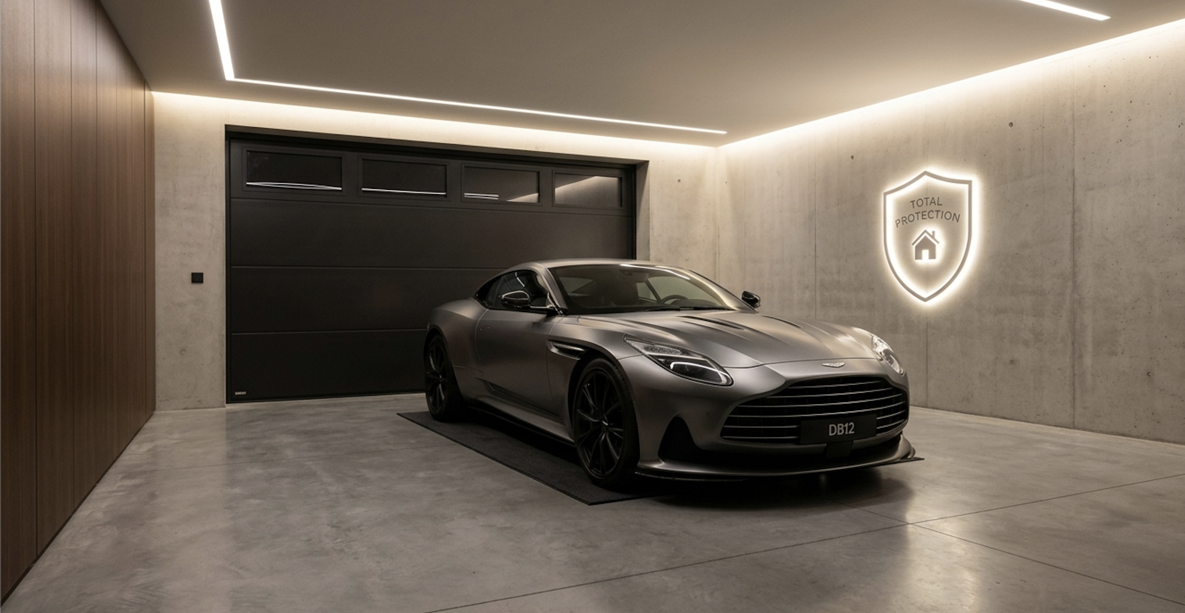 A modern luxury car parked safely in a garage representing total insurance protection
